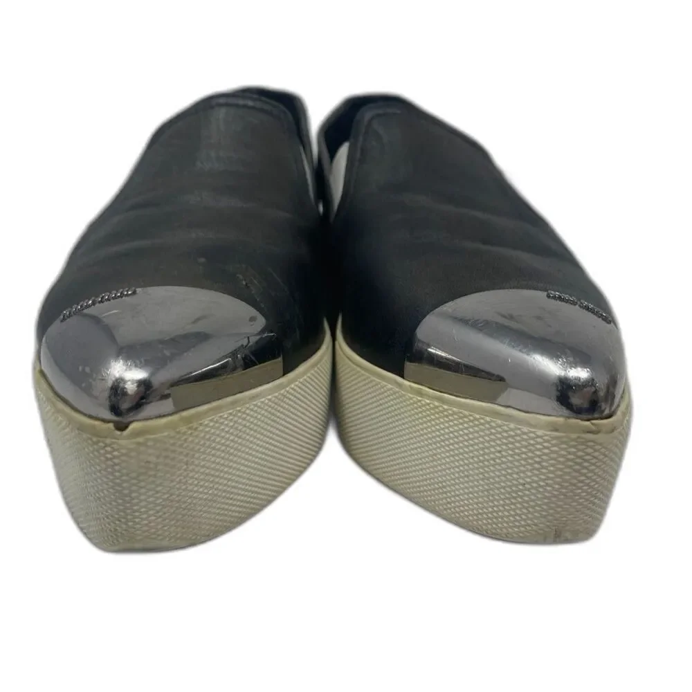 MIU MIU Black Leather Silver Metal Cap Toe Slip On Platform Sneaker EU 38 Italy - Picture 2 of 11